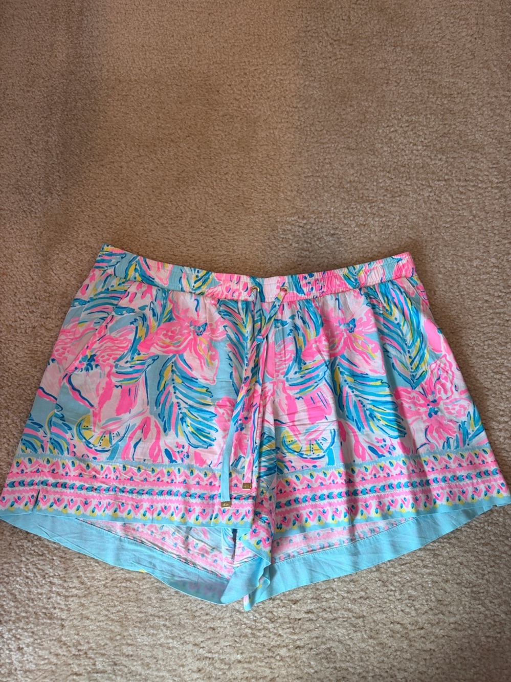 Lilly Pulitzer Pink & Aqua Tropical Print High-Waist Drawstring Shorts